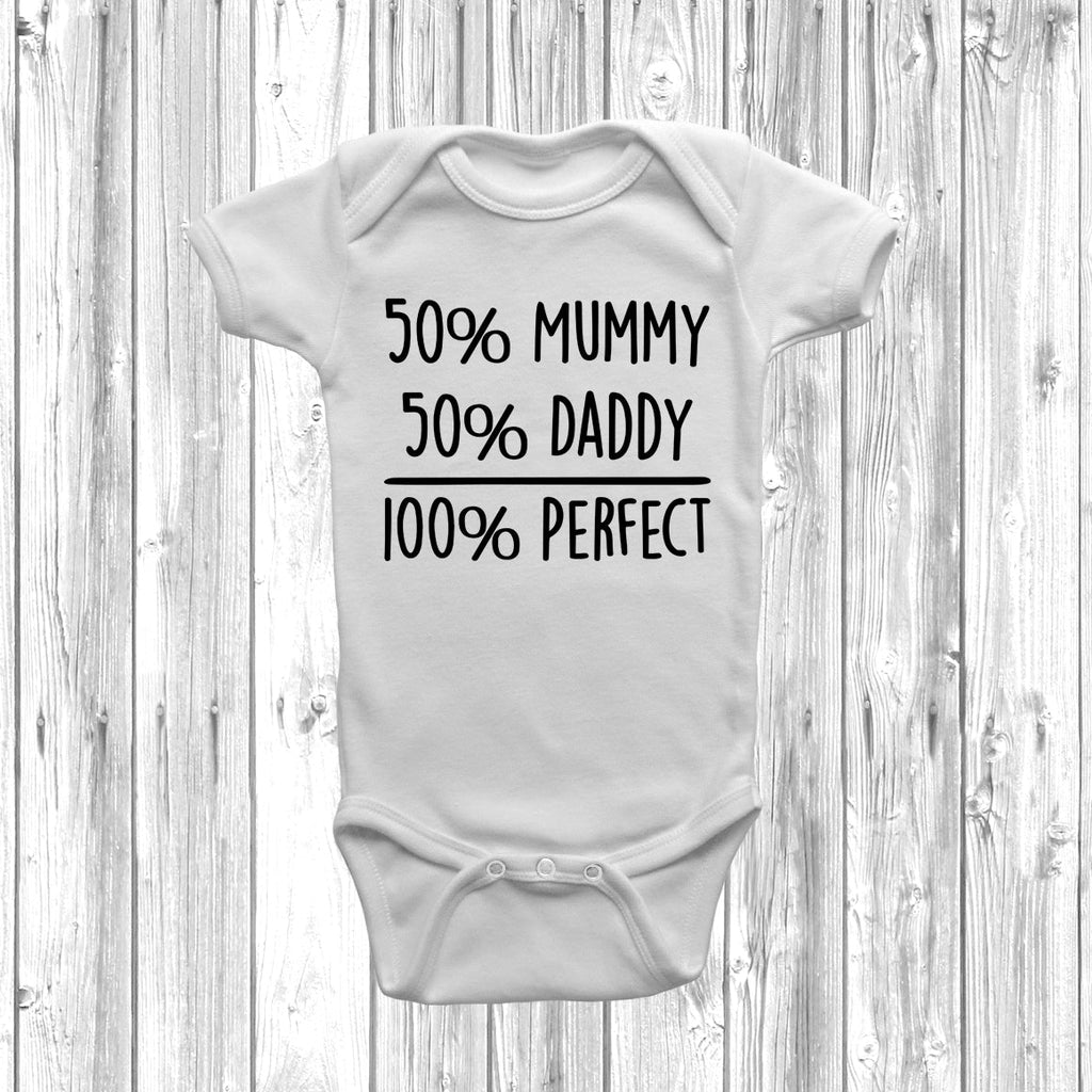Get trendy with 50% Mummy 50% Daddy 100% Perfect Baby Grow - Baby Grow available at DizzyKitten. Grab yours for £7.49 today!