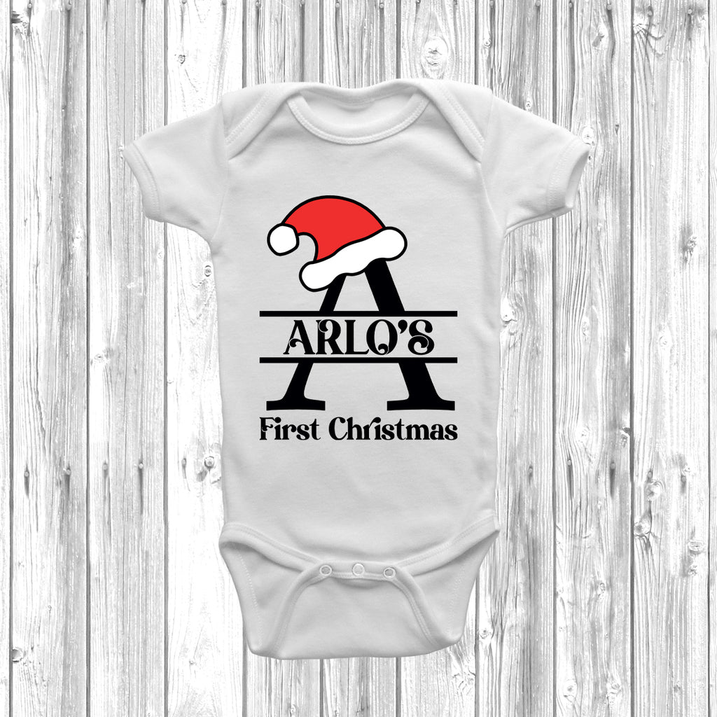 Personalised Baby’s First Christmas Baby Grow with Santa hat and name print