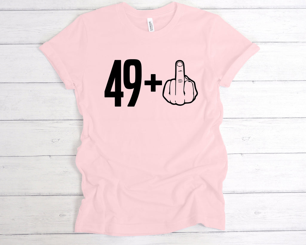 Get trendy with 49+1 50th Birthday Middle Finger T-Shirt - T-Shirt available at DizzyKitten. Grab yours for £12.49 today!