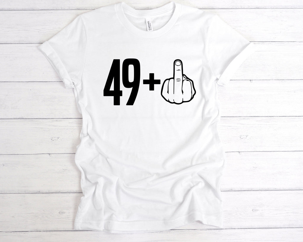 Get trendy with 49+1 50th Birthday Middle Finger T-Shirt - T-Shirt available at DizzyKitten. Grab yours for £12.49 today!