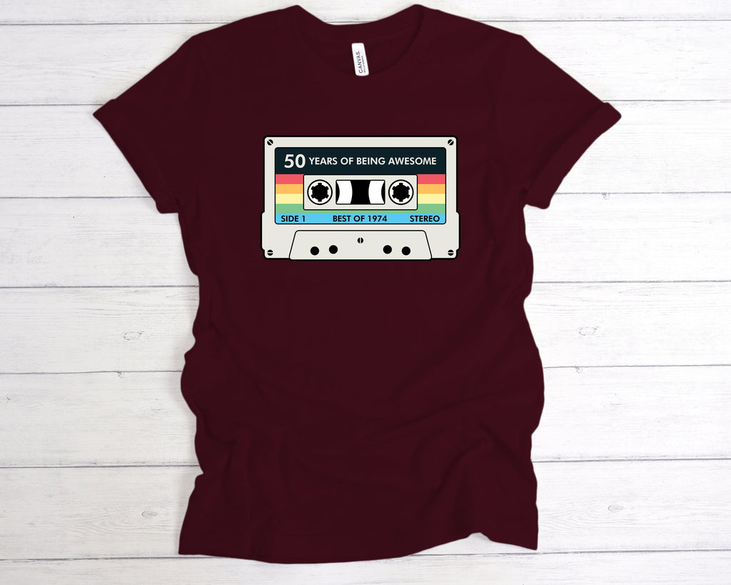 Get trendy with Cassette 50 Years Of Being Awesome T-Shirt - T-Shirt available at DizzyKitten. Grab yours for £12.49 today!