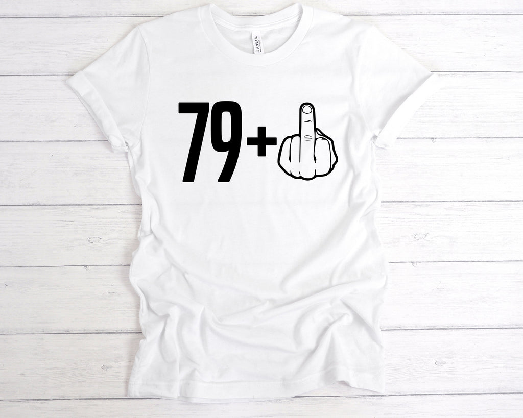 Get trendy with 79+1 80th Birthday Middle Finger T-Shirt - T-Shirt available at DizzyKitten. Grab yours for £12.49 today!
