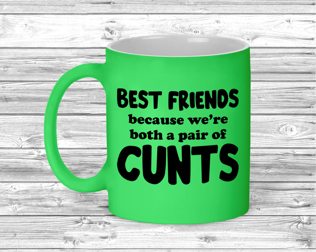 Fluorescent ceramic mug with bold adult humour friendship slogan printed on front.
