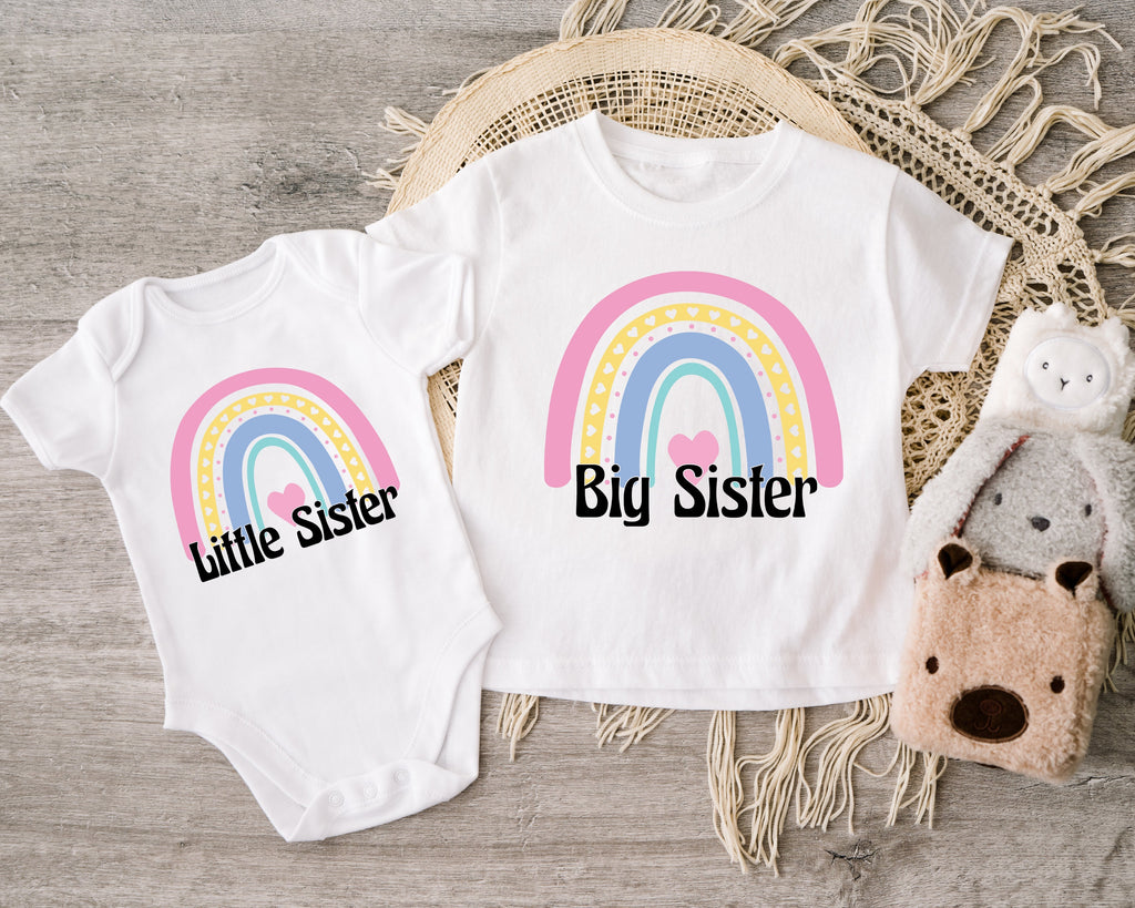 Get trendy with Boho Rainbow Big Sister Little Sister T-Shirt Baby Grow Set -  available at DizzyKitten. Grab yours for £9.95 today!