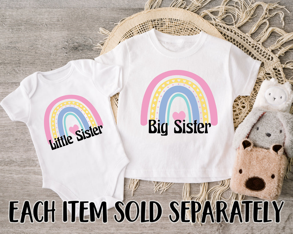 Get trendy with Boho Rainbow Big Sister Little Sister T-Shirt Baby Grow Set -  available at DizzyKitten. Grab yours for £9.95 today!