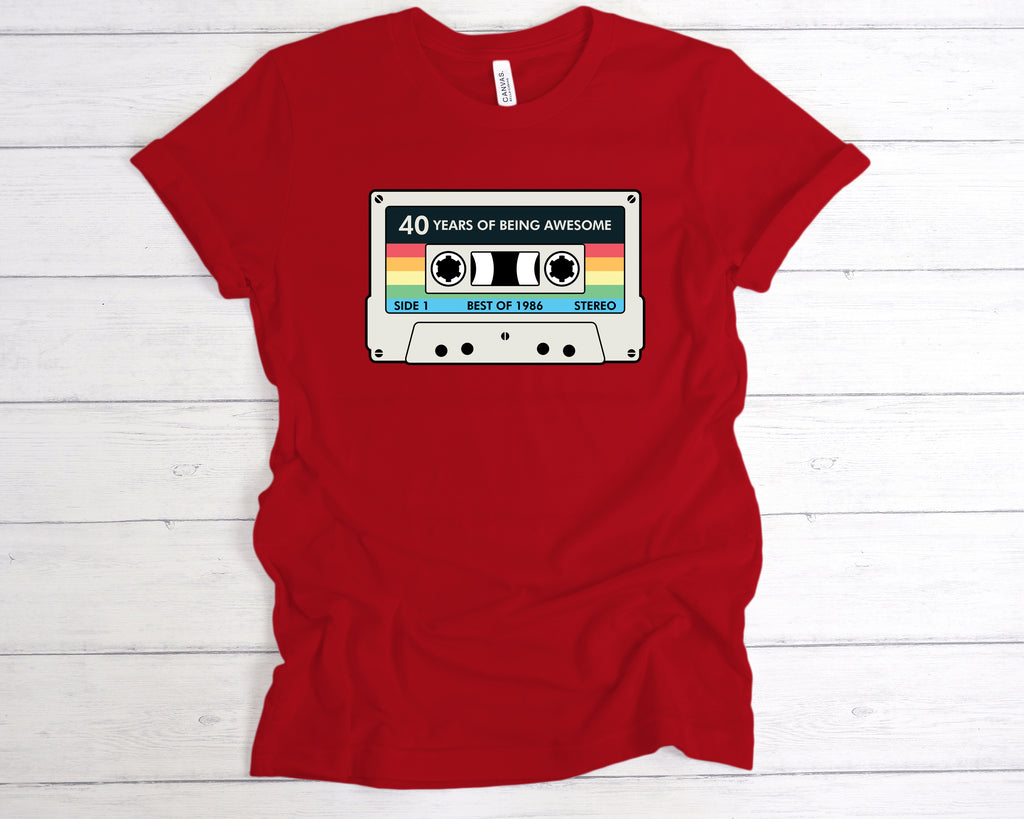 Retro cassette themed graphic tee celebrating 40 years of being awesome