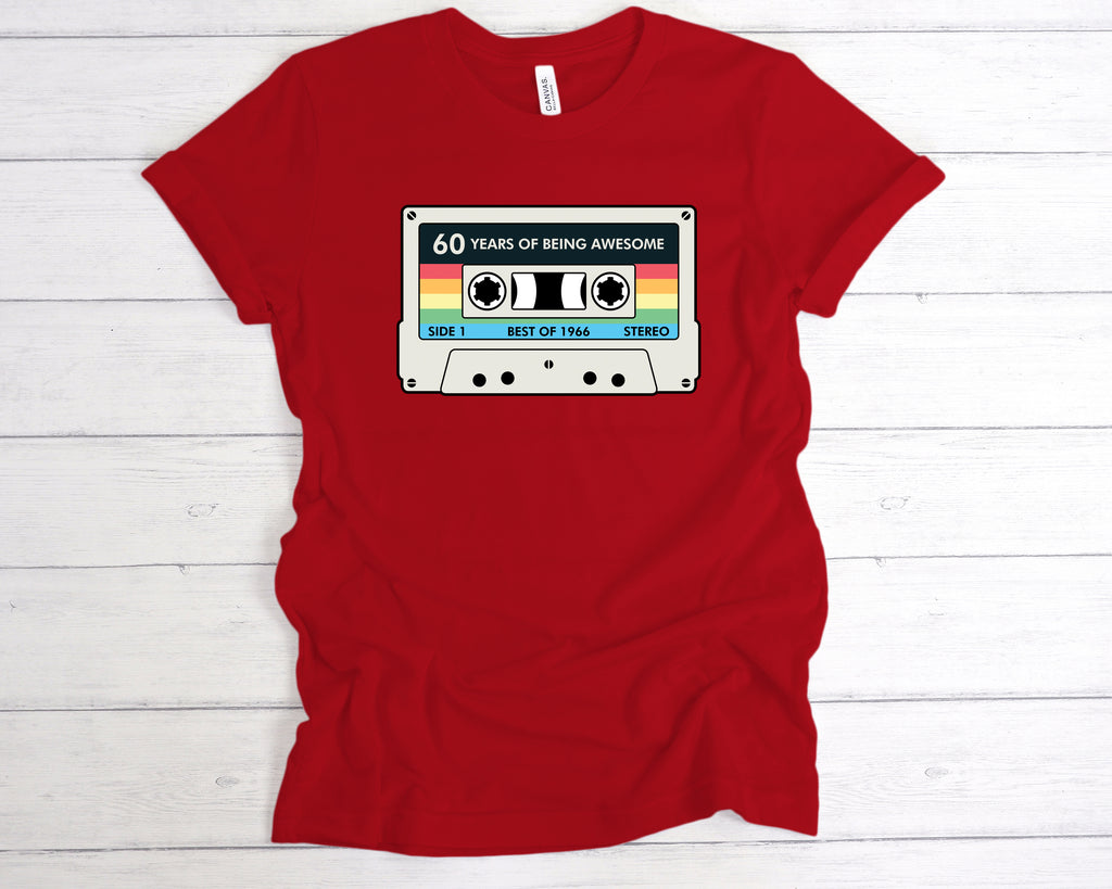 Retro cassette themed graphic tee celebrating 60 years of being awesome