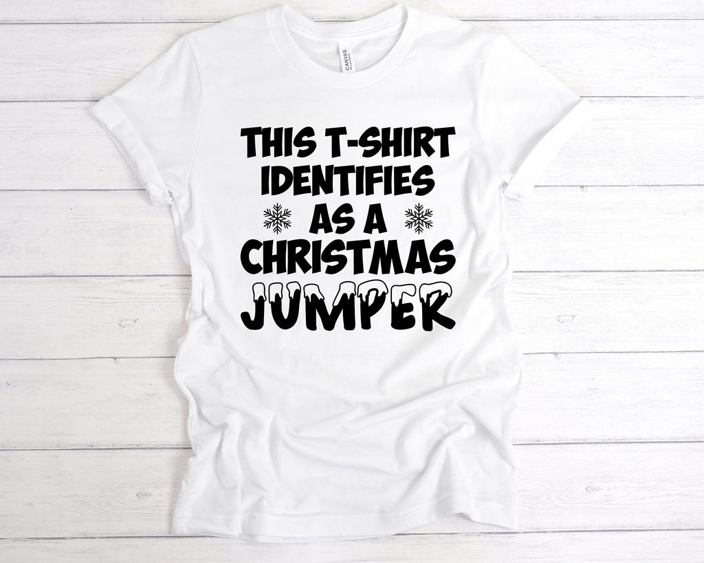 Funny Christmas humour t-shirt – identifies as a jumper design in white.