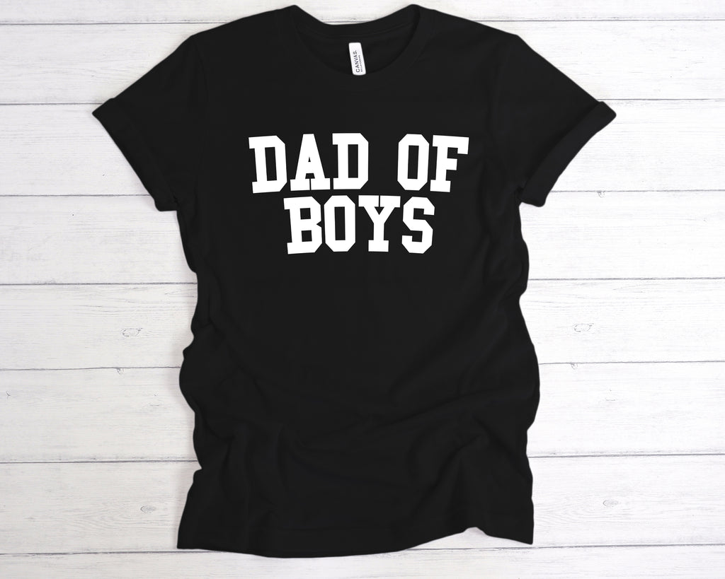 Black cotton unisex t-shirt featuring the bold slogan "Dad of Boys" printed across the chest. This funny Father’s Day shirt is a perfect gift from sons, celebrating proud dads of boys with a soft, comfortable fit and durable print. Ideal for boy dads who embrace the fun, messy, and rewarding side of fatherhood. Great for gifting on Father’s Day, birthdays, or as a surprise from the kids.