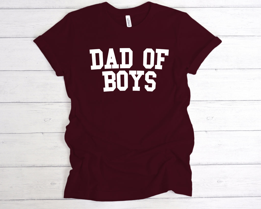 Maroon cotton unisex t-shirt featuring the bold slogan "Dad of Boys" printed across the chest. This funny Father’s Day shirt is a perfect gift from sons, celebrating proud dads of boys with a soft, comfortable fit and durable print. Ideal for boy dads who embrace the fun, messy, and rewarding side of fatherhood. Great for gifting on Father’s Day, birthdays, or as a surprise from the kids.