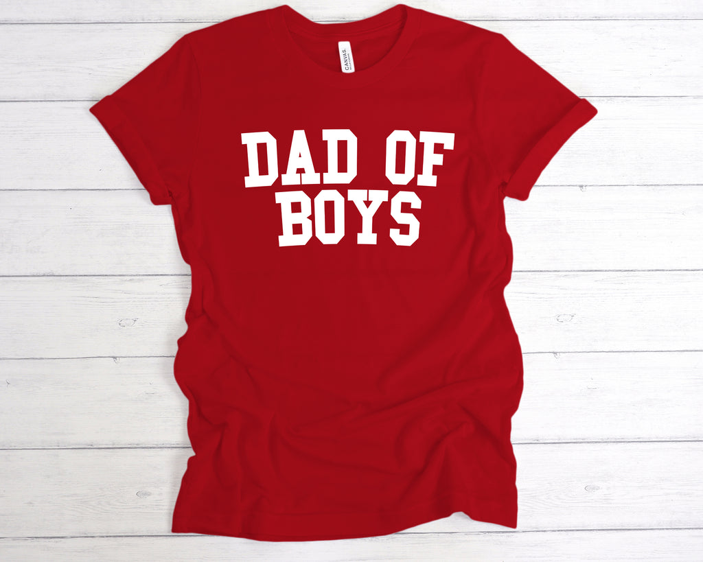 Red cotton unisex t-shirt featuring the bold slogan "Dad of Boys" printed across the chest. This funny Father’s Day shirt is a perfect gift from sons, celebrating proud dads of boys with a soft, comfortable fit and durable print. Ideal for boy dads who embrace the fun, messy, and rewarding side of fatherhood. Great for gifting on Father’s Day, birthdays, or as a surprise from the kids.