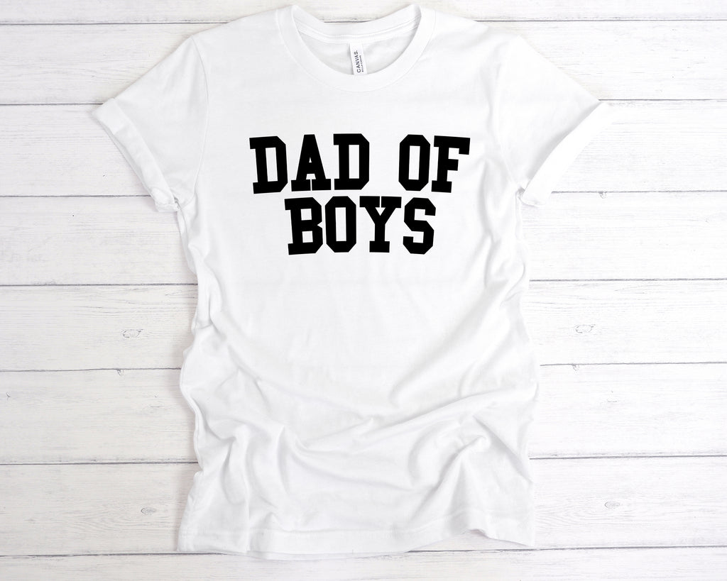 White cotton unisex t-shirt featuring the bold slogan "Dad of Boys" printed across the chest. This funny Father’s Day shirt is a perfect gift from sons, celebrating proud dads of boys with a soft, comfortable fit and durable print. Ideal for boy dads who embrace the fun, messy, and rewarding side of fatherhood. Great for gifting on Father’s Day, birthdays, or as a surprise from the kids.