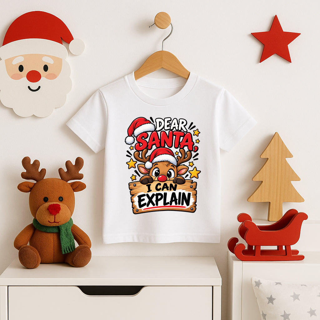 Kids Dear Santa I Can Explain slogan tee