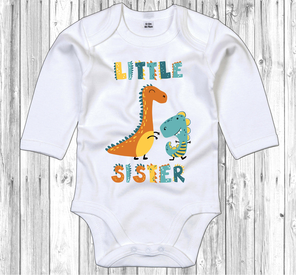 Get trendy with Dinosaur Little Sister Long Sleeve Baby Grow - Baby Grow available at DizzyKitten. Grab yours for £12.95 today!