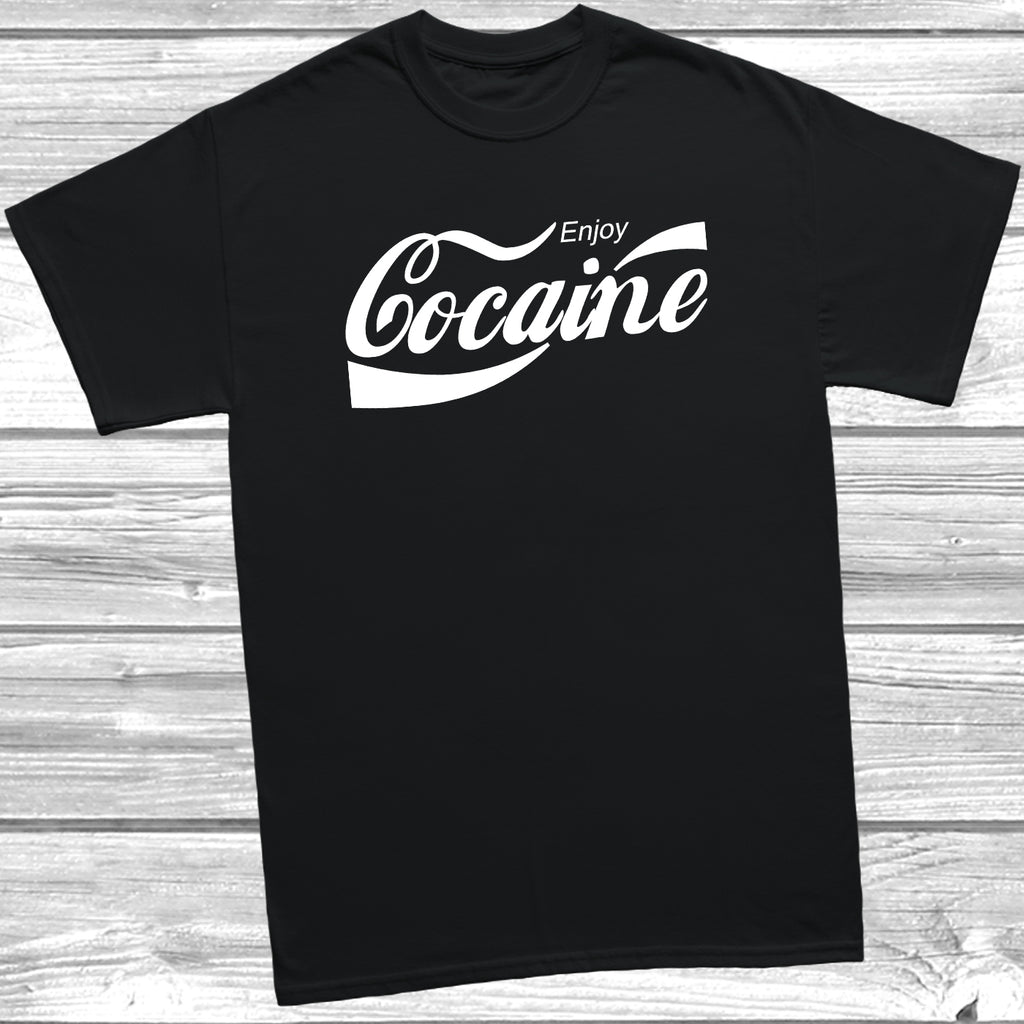 Enjoy Cocaine satirical slogan t-shirt on black unisex cotton