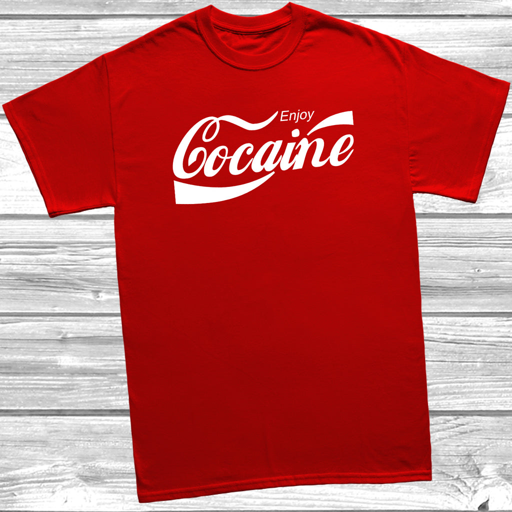 Red Enjoy Cocaine satirical slogan t-shirt on black unisex cotton