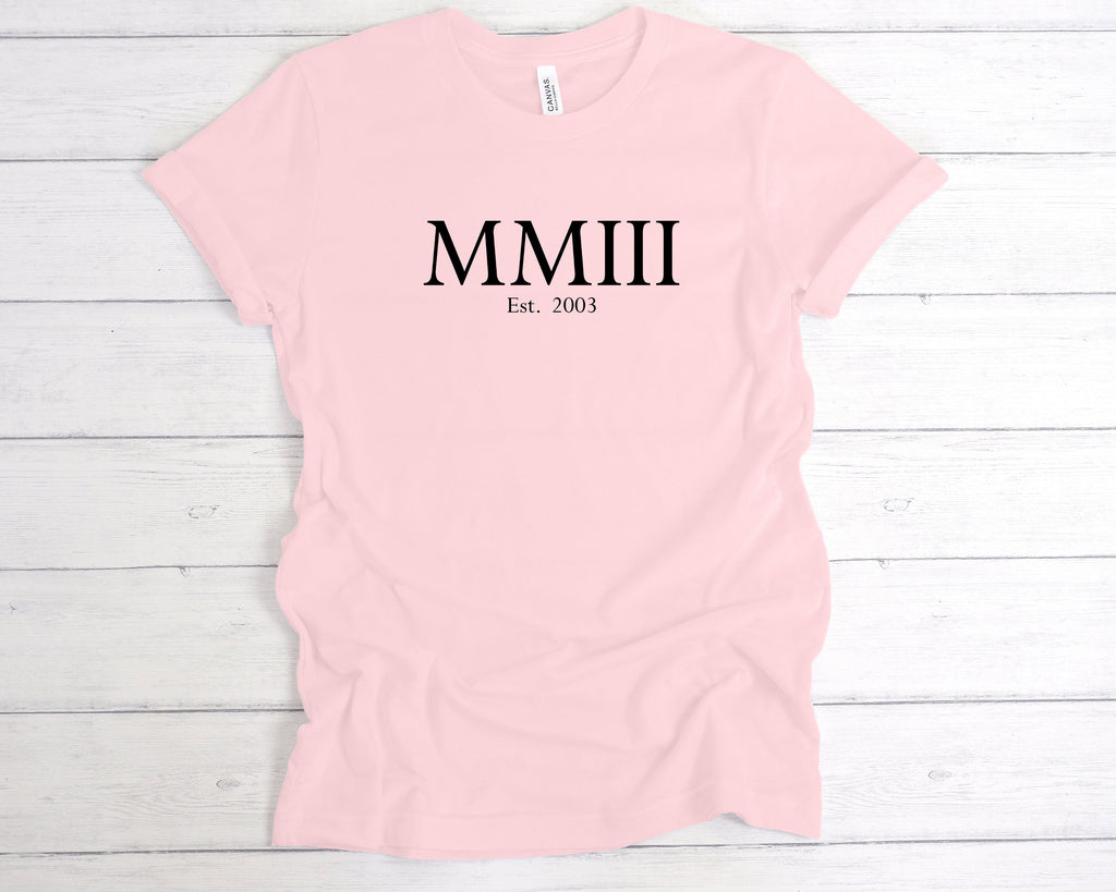 Get trendy with Est 2003 Roman Numerals Birthday T-Shirt - T-Shirt available at DizzyKitten. Grab yours for £12.49 today!