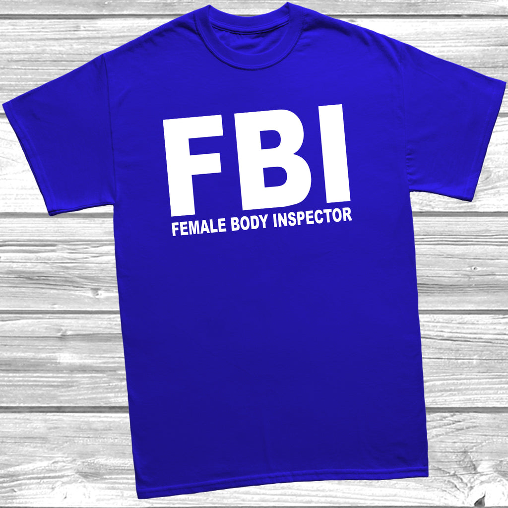 Graphic humour t shirt with bold printed FBI parody inspired wording