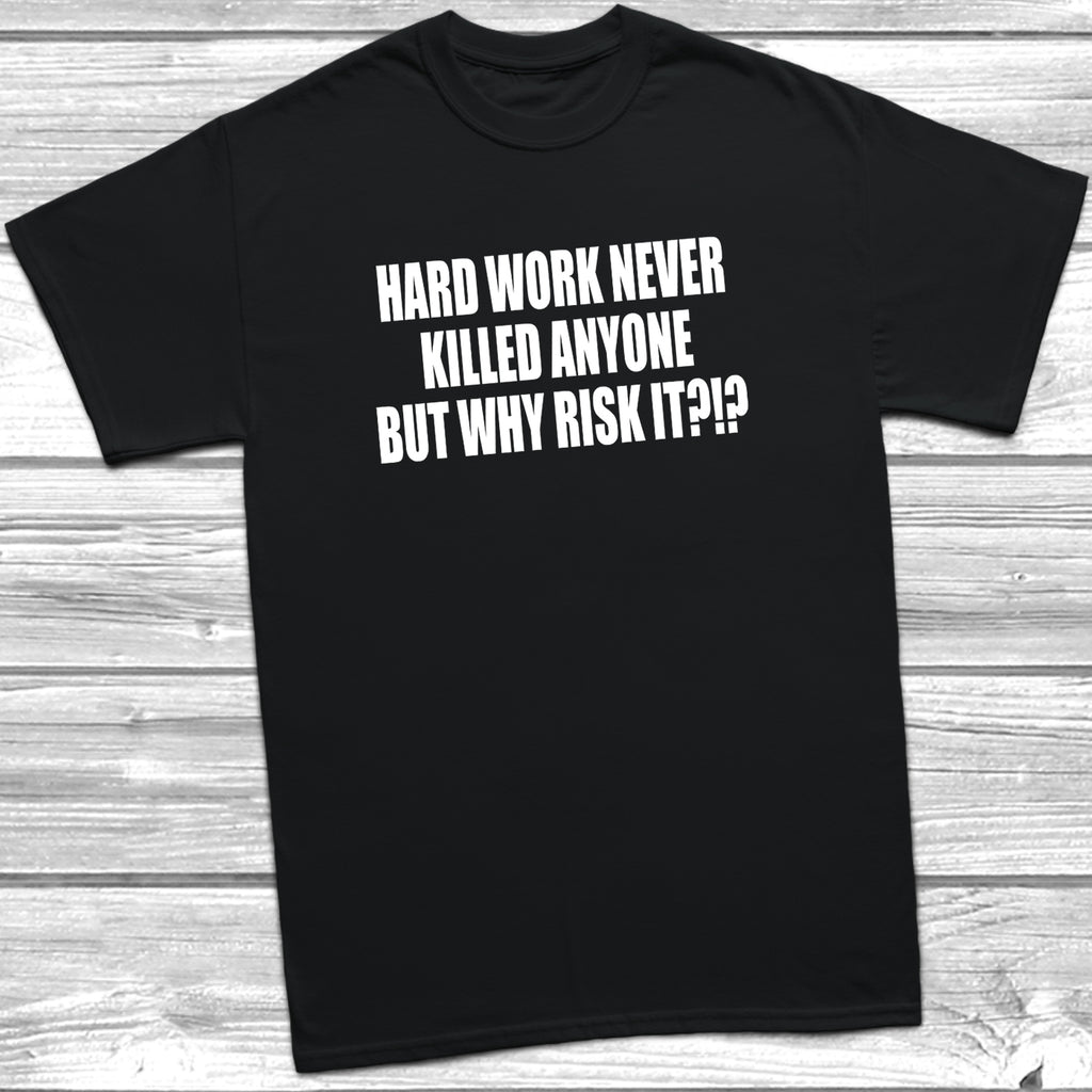 Casual streetwear graphic tee with humorous work inspired slogan