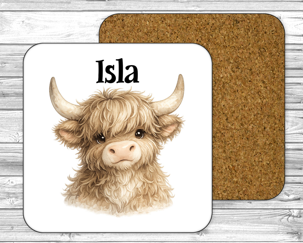 Personalised ceramic coaster with Highland cow illustration