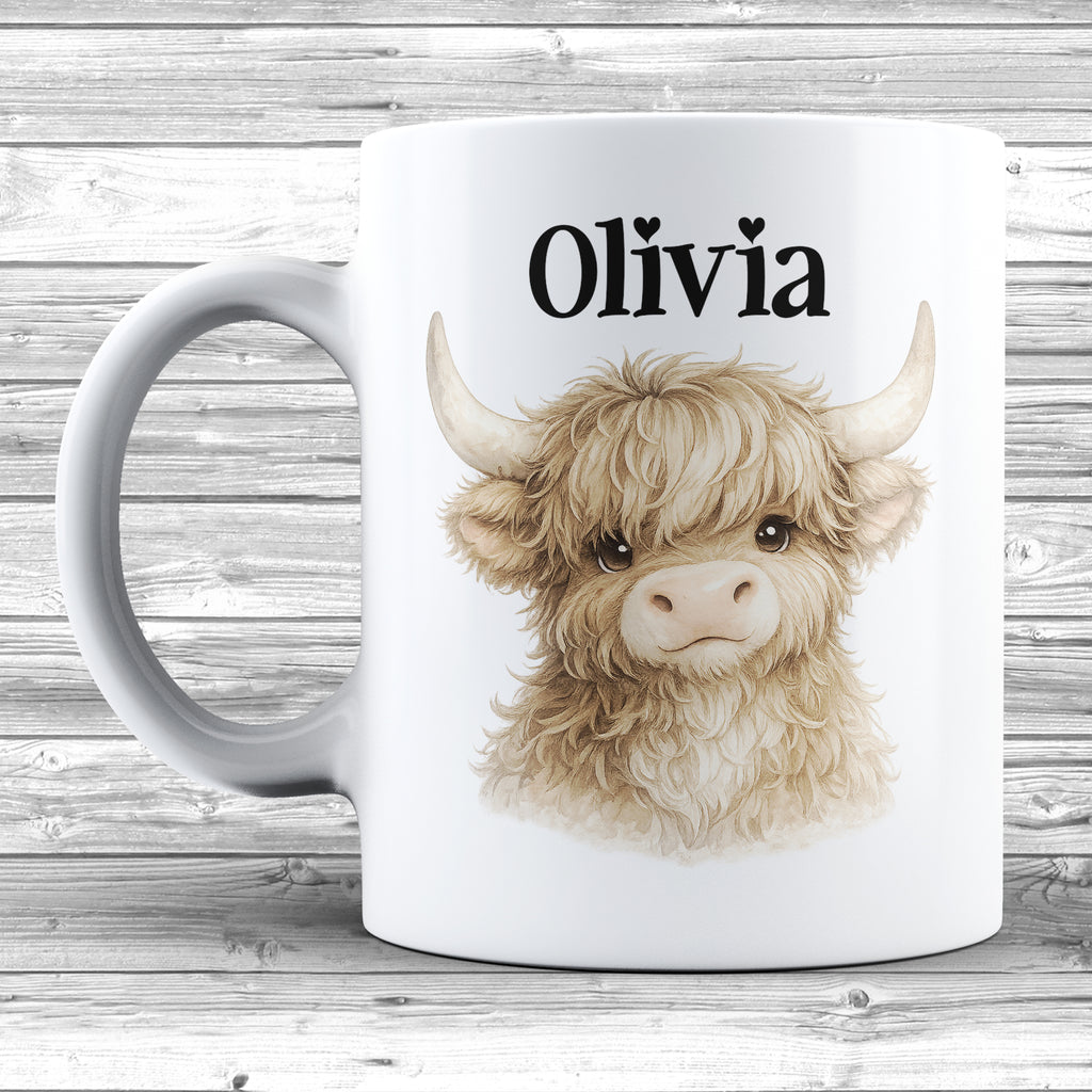 Personalised Highland cow mug with custom name printed on ceramic cup