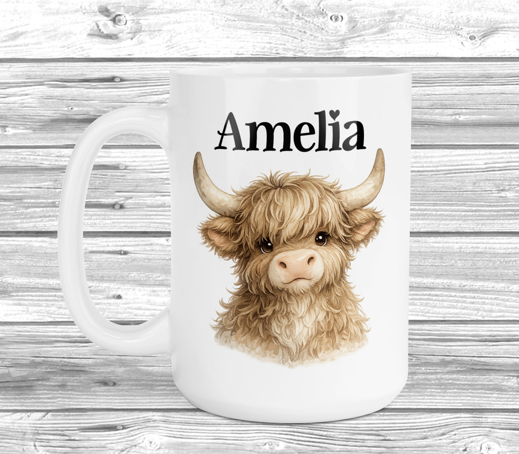 Cute Highland cow coffee mug personalised with a name