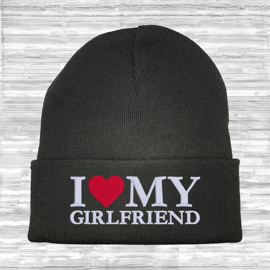 I love my girlfriend embroidered beanie hat black knit