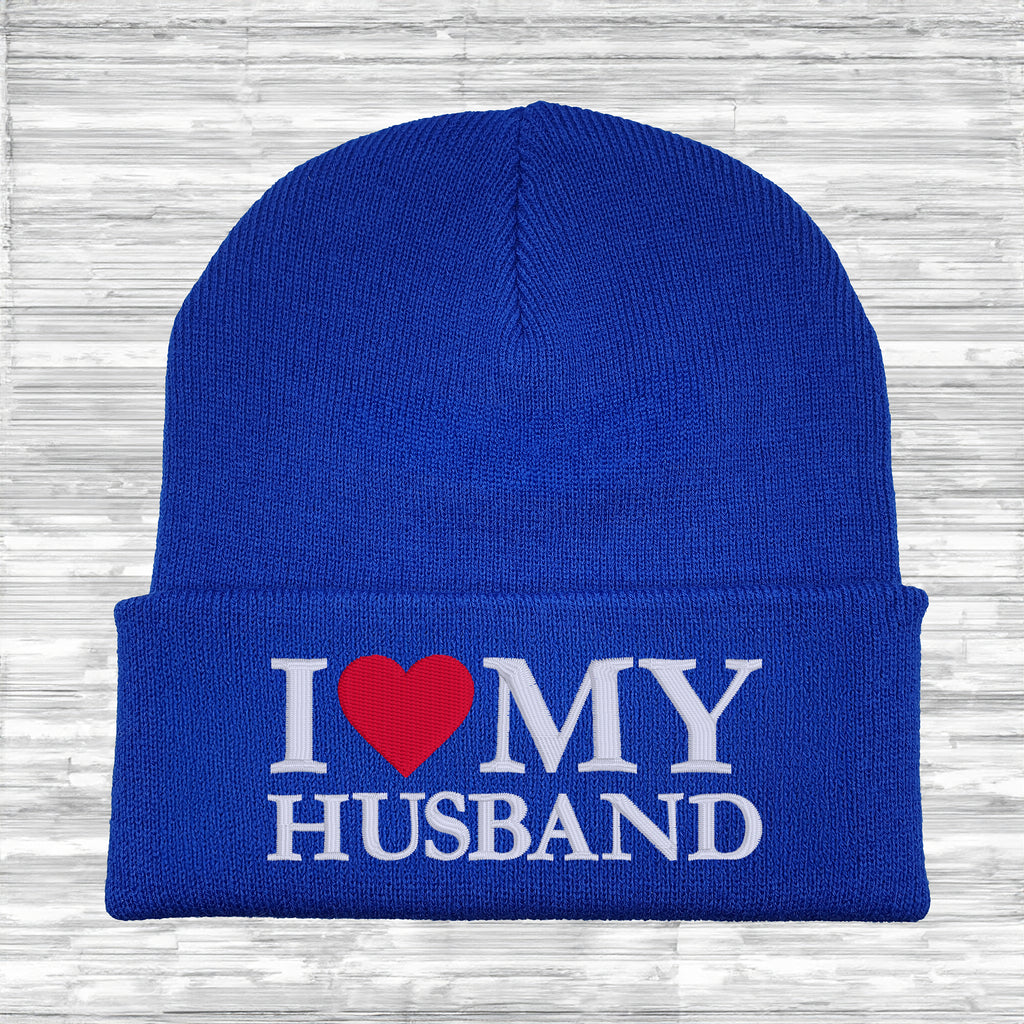 I love my husband embroidered beanie hat royal blue knit