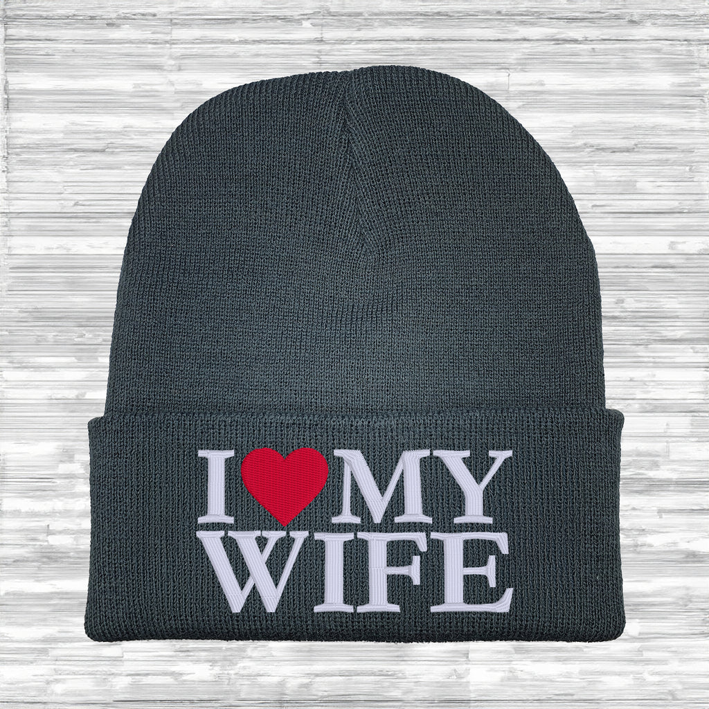 I love my wife embroidered beanie hat french navy knit