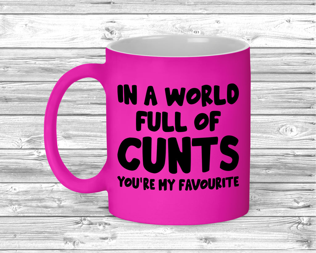Funny rude slogan mug with fluorescent finish on ceramic coffee cup.