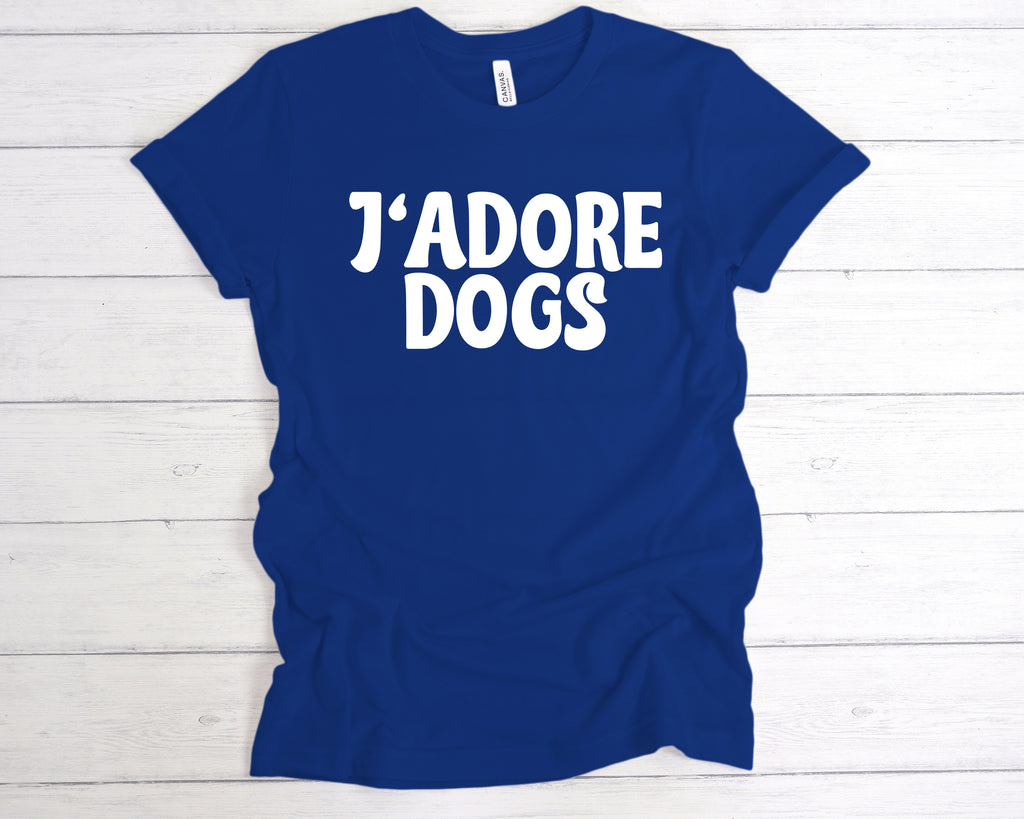 J'Adore Dogs t-shirt – I Love Dogs French-inspired dog lover tee – cute dog mom and dog dad gift, Royal Blue