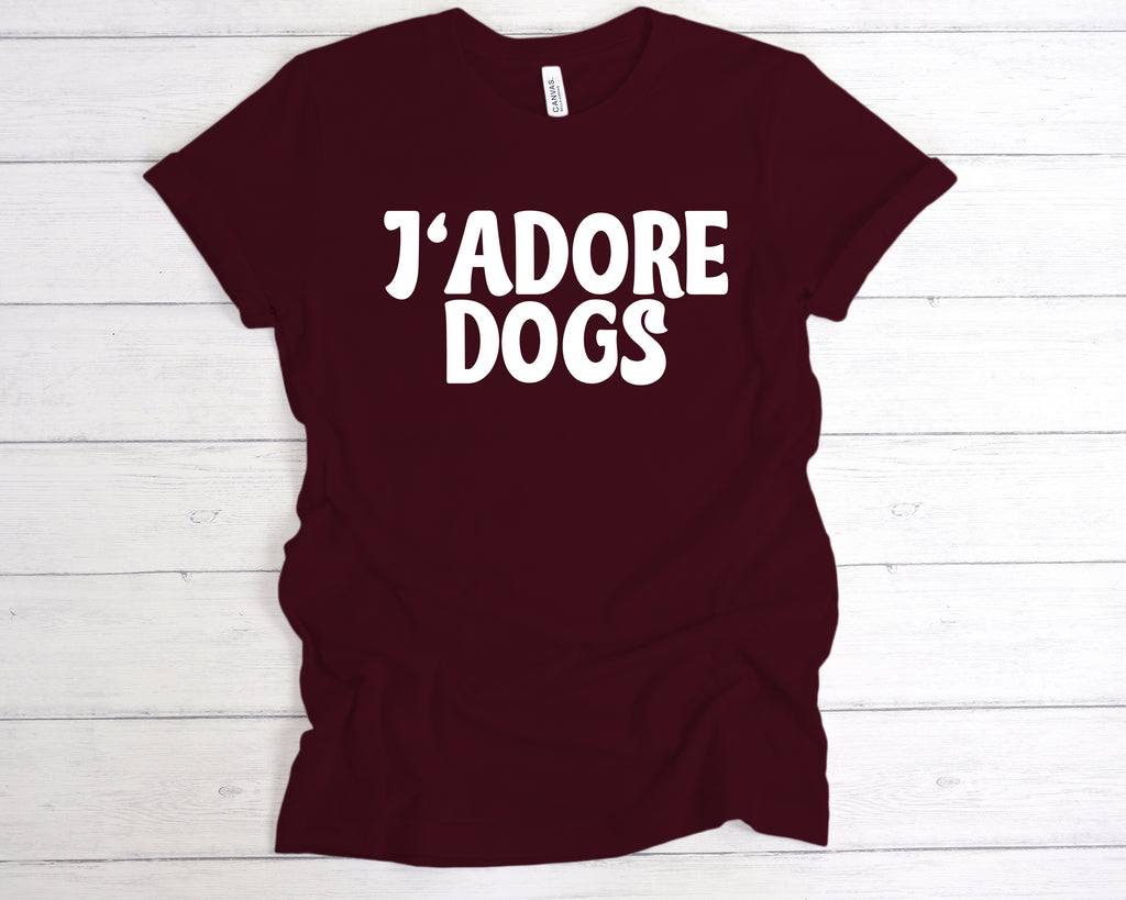 J'Adore Dogs t-shirt – I Love Dogs French-inspired dog lover tee – cute dog mom and dog dad gift, Maroon