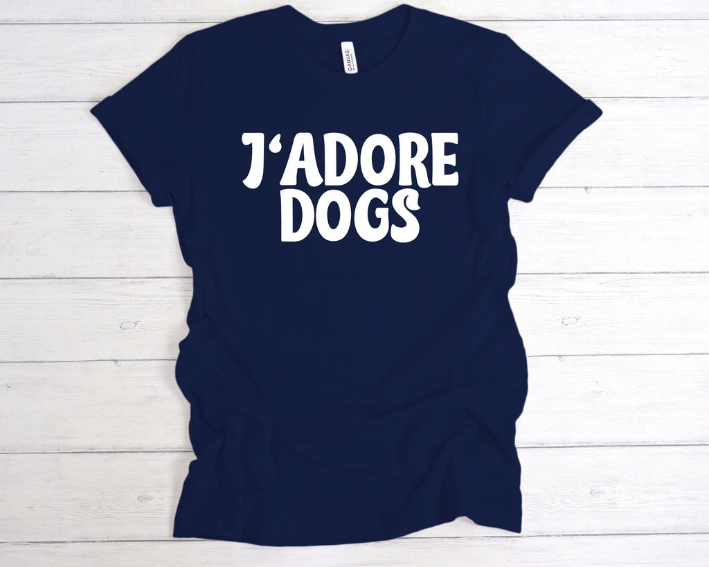 J'Adore Dogs t-shirt – I Love Dogs French-inspired dog lover tee – cute dog mom and dog dad gift, Navy