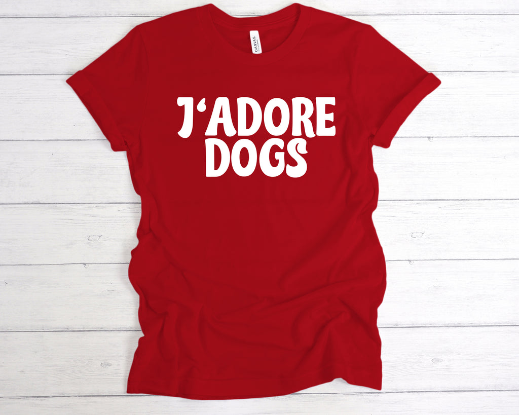 J'Adore Dogs t-shirt – I Love Dogs French-inspired dog lover tee – cute dog mom and dog dad gift, Red