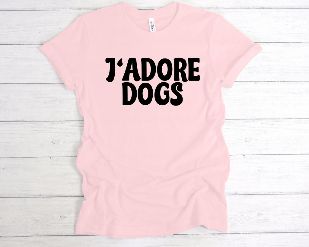 J'Adore Dogs t-shirt – I Love Dogs French-inspired dog lover tee – cute dog mom and dog dad gift, Soft Pink