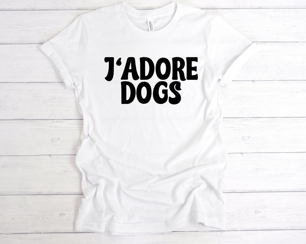 J'Adore Dogs t-shirt – I Love Dogs French-inspired dog lover tee – cute dog mom and dog dad gift, White