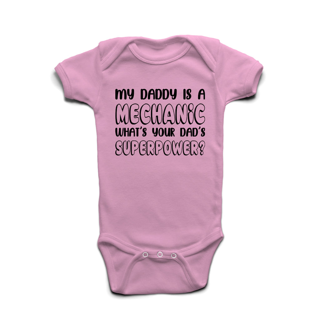 My Daddy Is A Mechanic  What’s Your Superpower baby grow in Pastel Blue cotton with bold print.