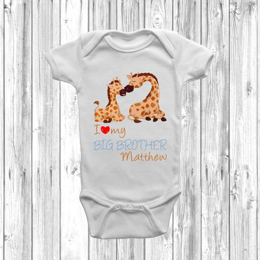 Get trendy with Personalised Giraffe I Love My Big Brother Baby Grow - Baby Grow available at DizzyKitten. Grab yours for £7.95 today!
