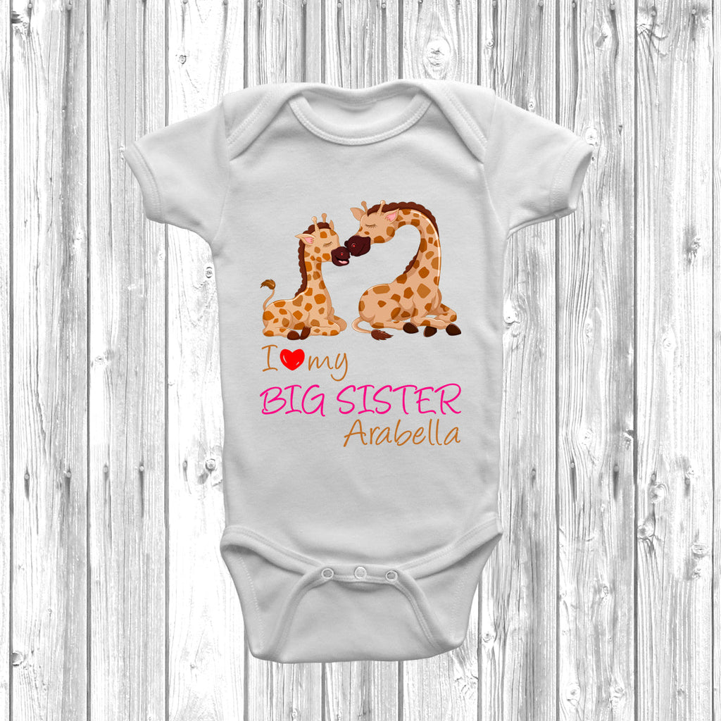 Get trendy with Personalised Giraffe I Love My Big Sister Baby Grow - Baby Grow available at DizzyKitten. Grab yours for £7.95 today!