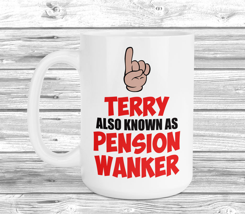 Personalised Pension Wanker Mug in white – funny British humour retirement gift.