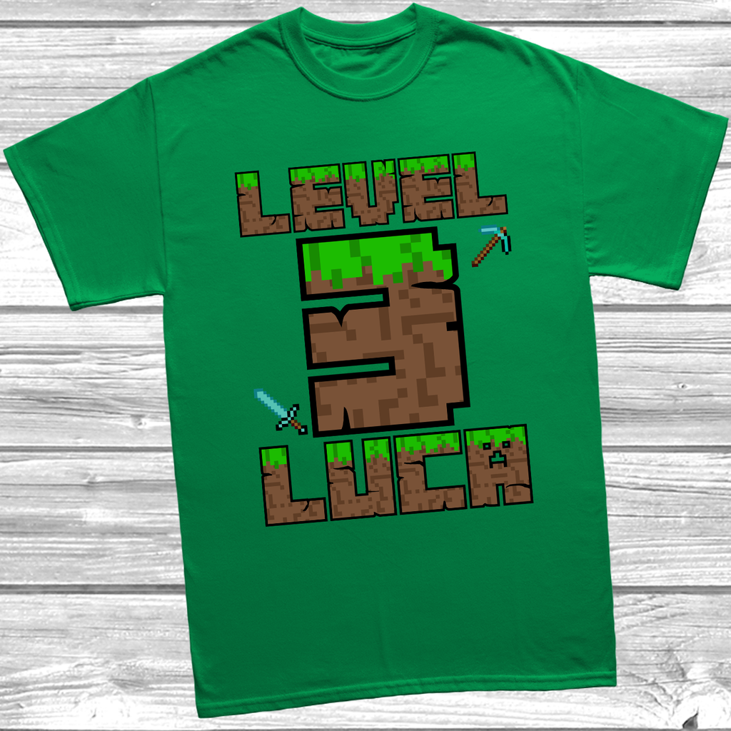 Kelly Green Personalised “I’m 3 Today” t-shirt with pixel brick design and custom name