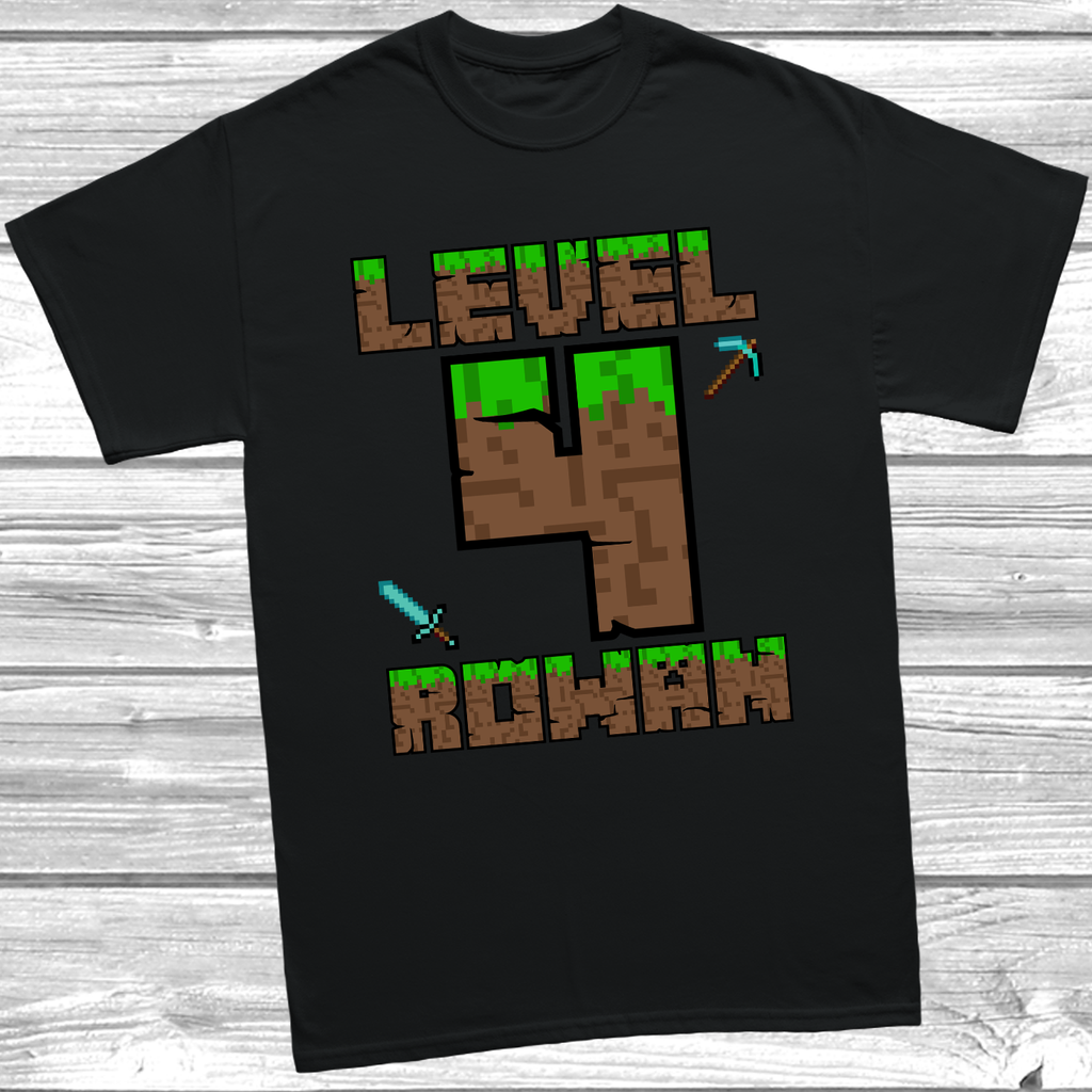 Black Personalised “I’m 4 Today” t-shirt with pixel brick design and custom name