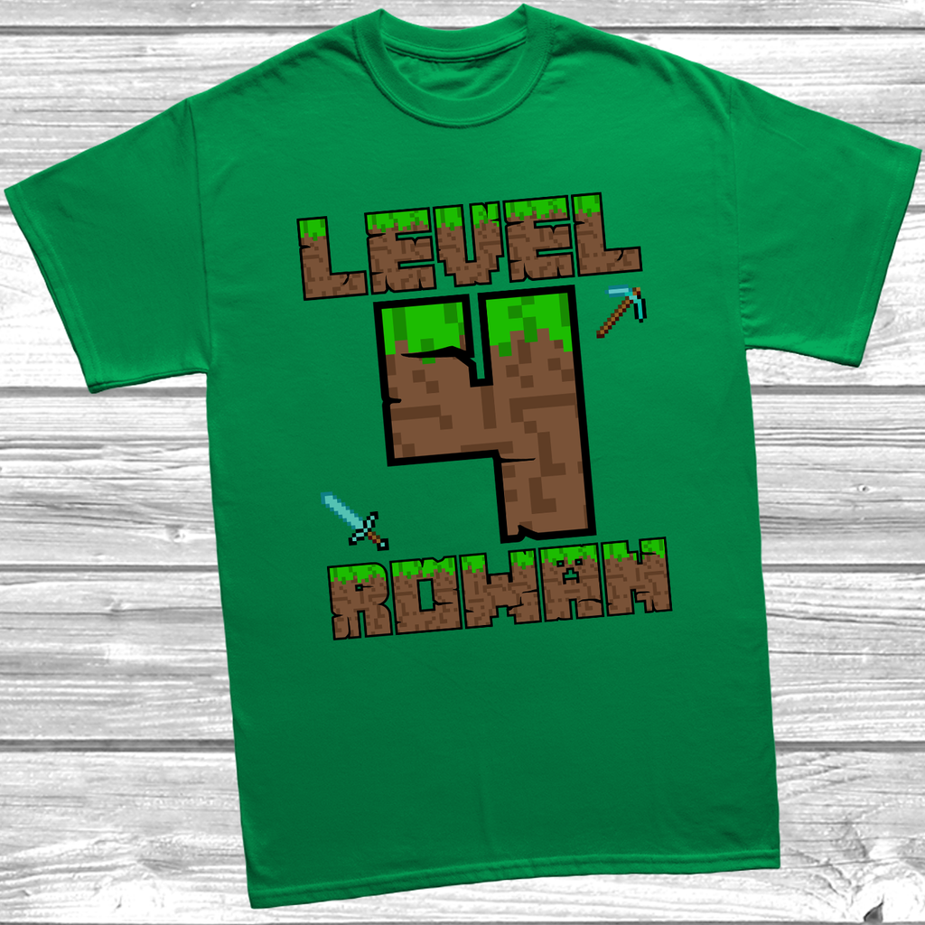 Kelly Green Personalised “I’m 4 Today” t-shirt with pixel brick design and custom name