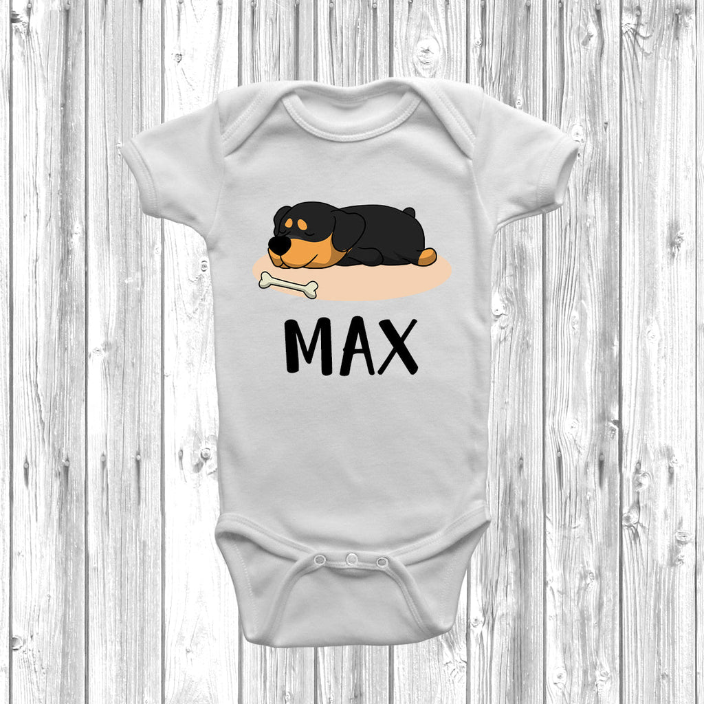 Get trendy with Personalised Rottweiler Lazy Dog Baby Grow -  available at DizzyKitten. Grab yours for £10.49 today!