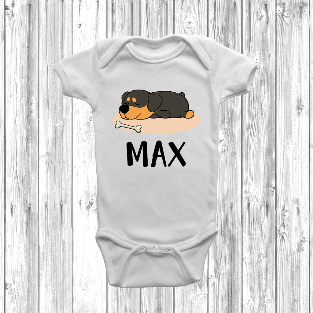 Get trendy with Personalised Rottweiler Lazy Dog Baby Grow -  available at DizzyKitten. Grab yours for £10.49 today!