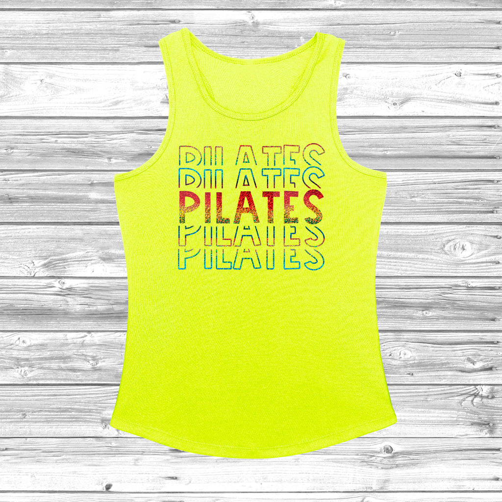Lightweight women’s fitness vest with vibrant rainbow Pilates print