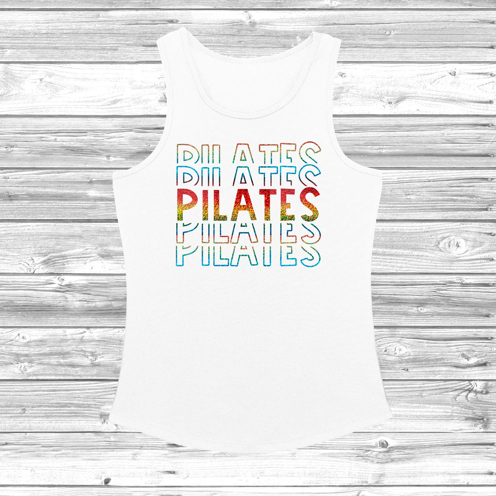 Women’s sporty tank top with colourful Pilates inspired graphic design