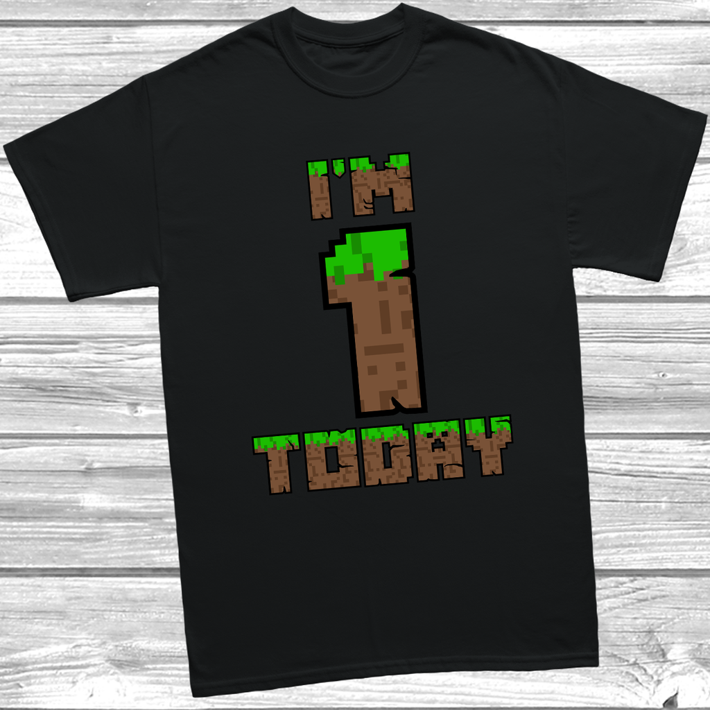 Black “I’m 1 Today” baby t-shirt with pixel-style birthday print.