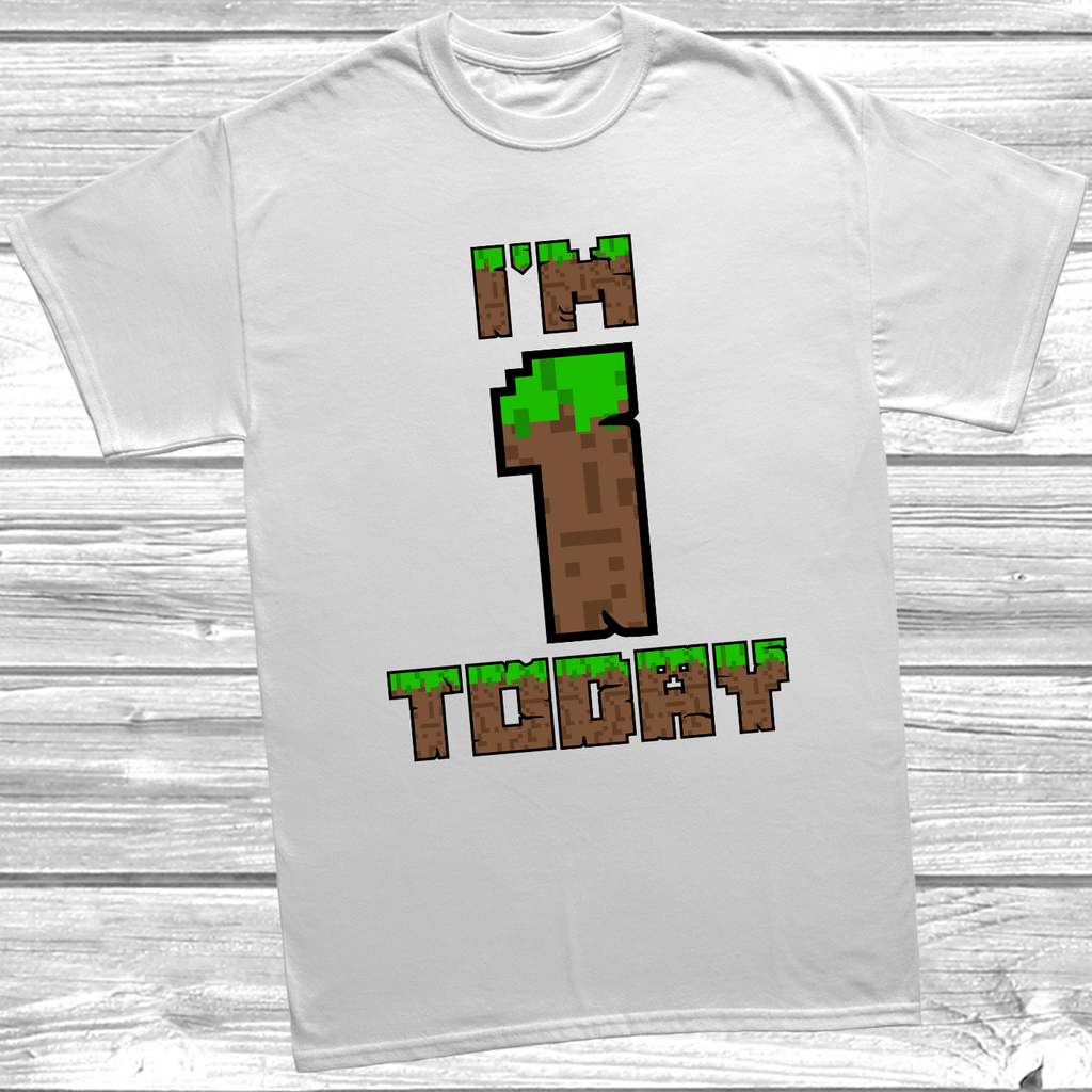 White “I’m 1 Today” baby t-shirt with pixel-style birthday print.