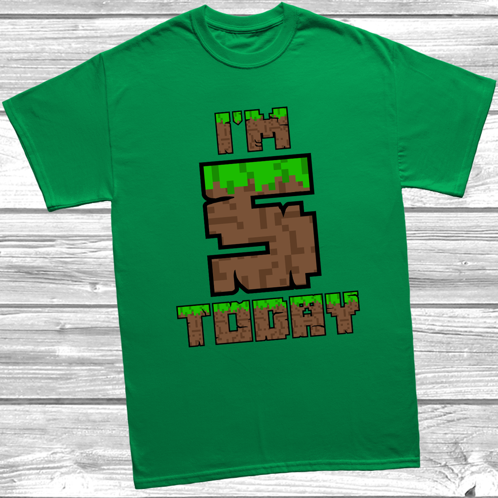 Kelly Green "I'm 5 Today" pixel block style birthday t-shirt for kids